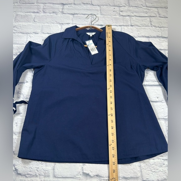 Crown & Ivy Navy Blue 3/4 Sleeve V Neck Pullover Blouse w/ White Trim Tie Sleeve - Picture 7 of 8